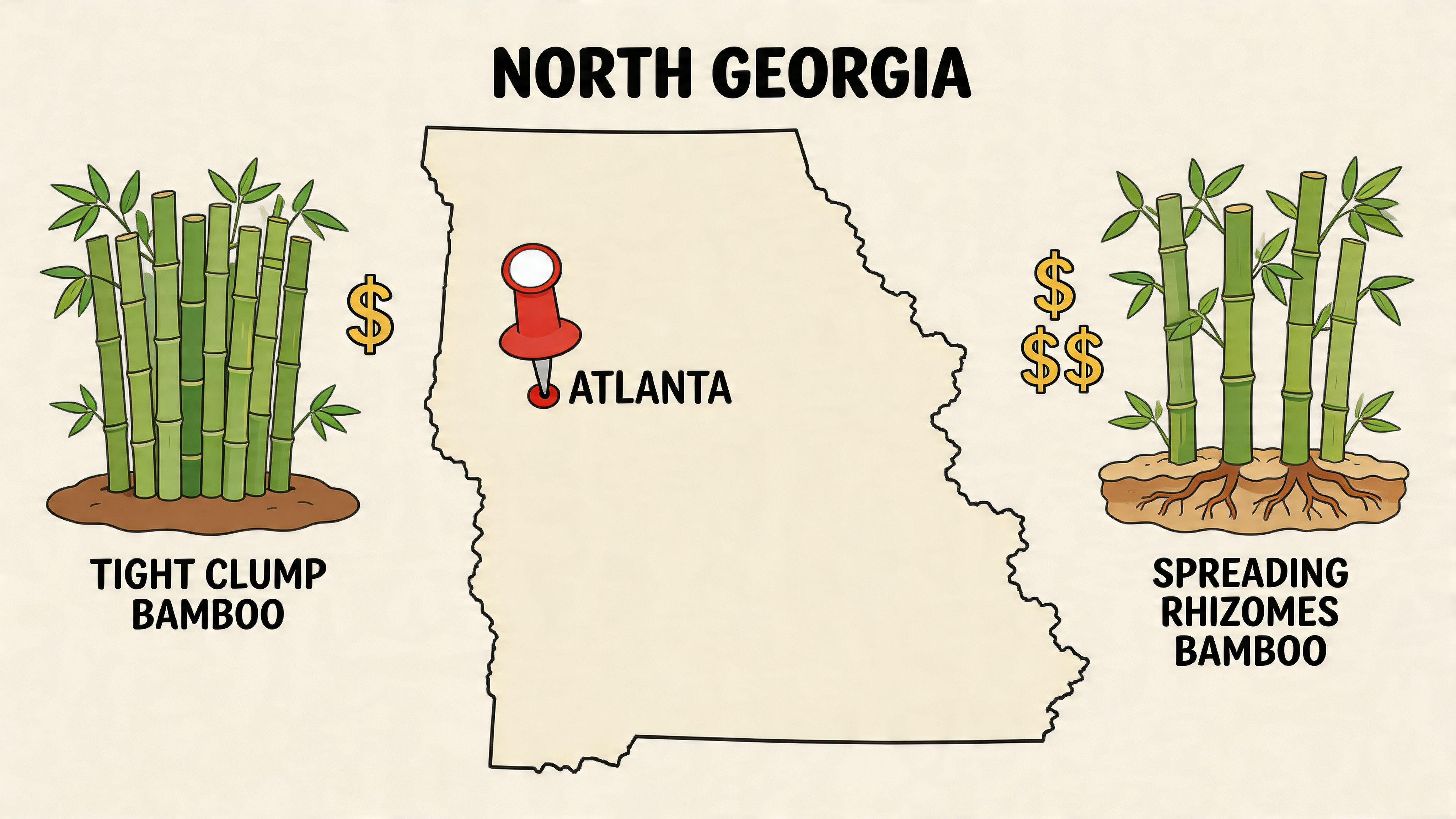 A map of North Georgia illustrating the cost difference between tight clump bamboo and spreading rhizomes bamboo.
