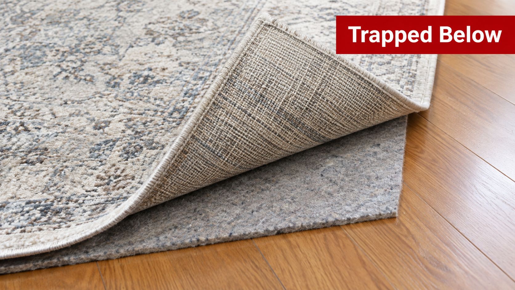 The corner of an area rug is pulled back to reveal a carpet pad underneath it.