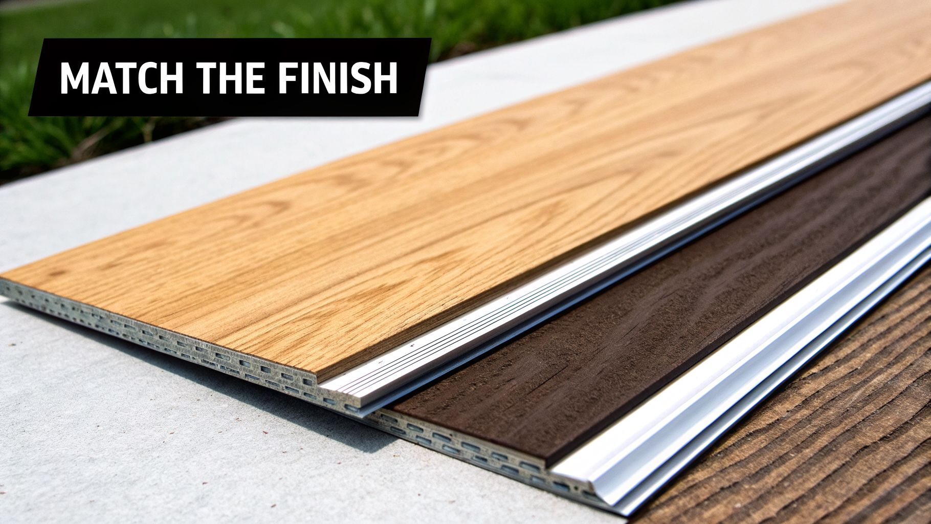 Two different colored flooring planks with matching silver transition strips on a concrete surface.