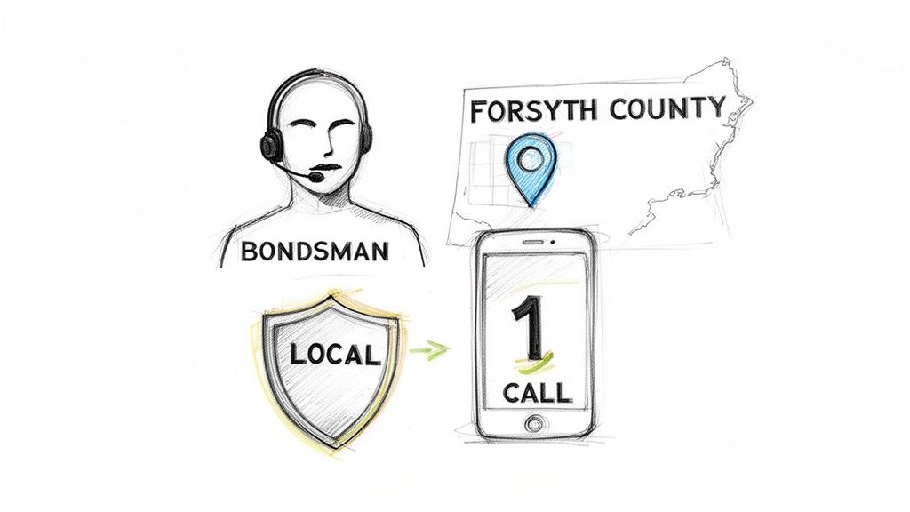 Sketch illustrating a bondsman in Forsyth County, emphasizing local availability and one-call service.