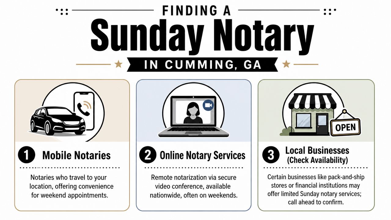 A helpful graphic detailing three ways to find a notary service on Sundays in Cumming, Georgia.