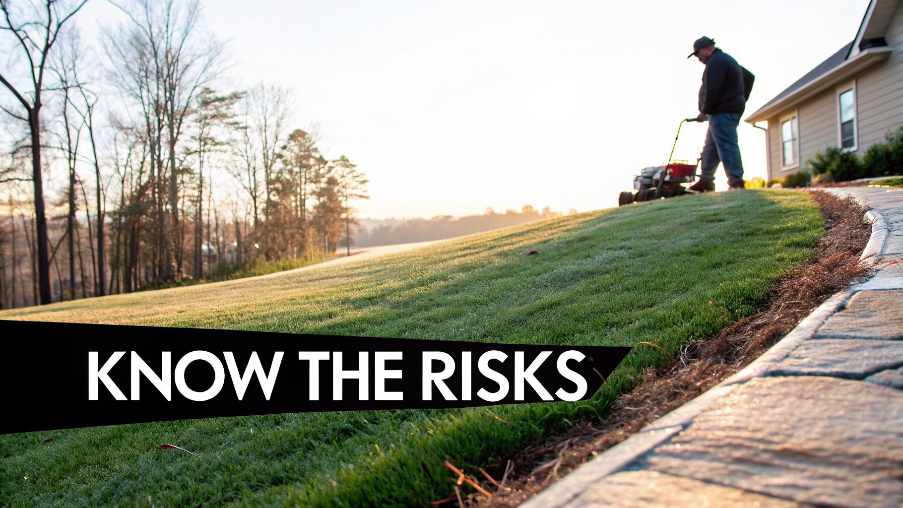 A person mows a steep, dew-covered lawn at sunrise, with 'KNOW THE RISKS' text overlay.