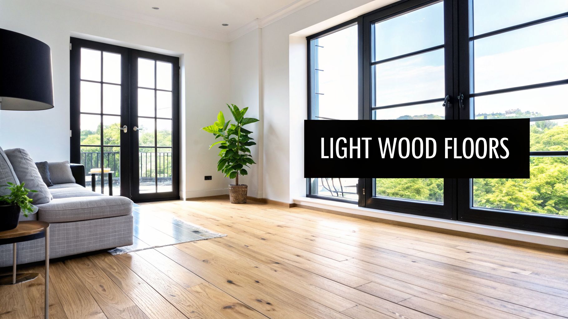 Bright living room with light wood floors, a grey sofa, and large black-framed windows.