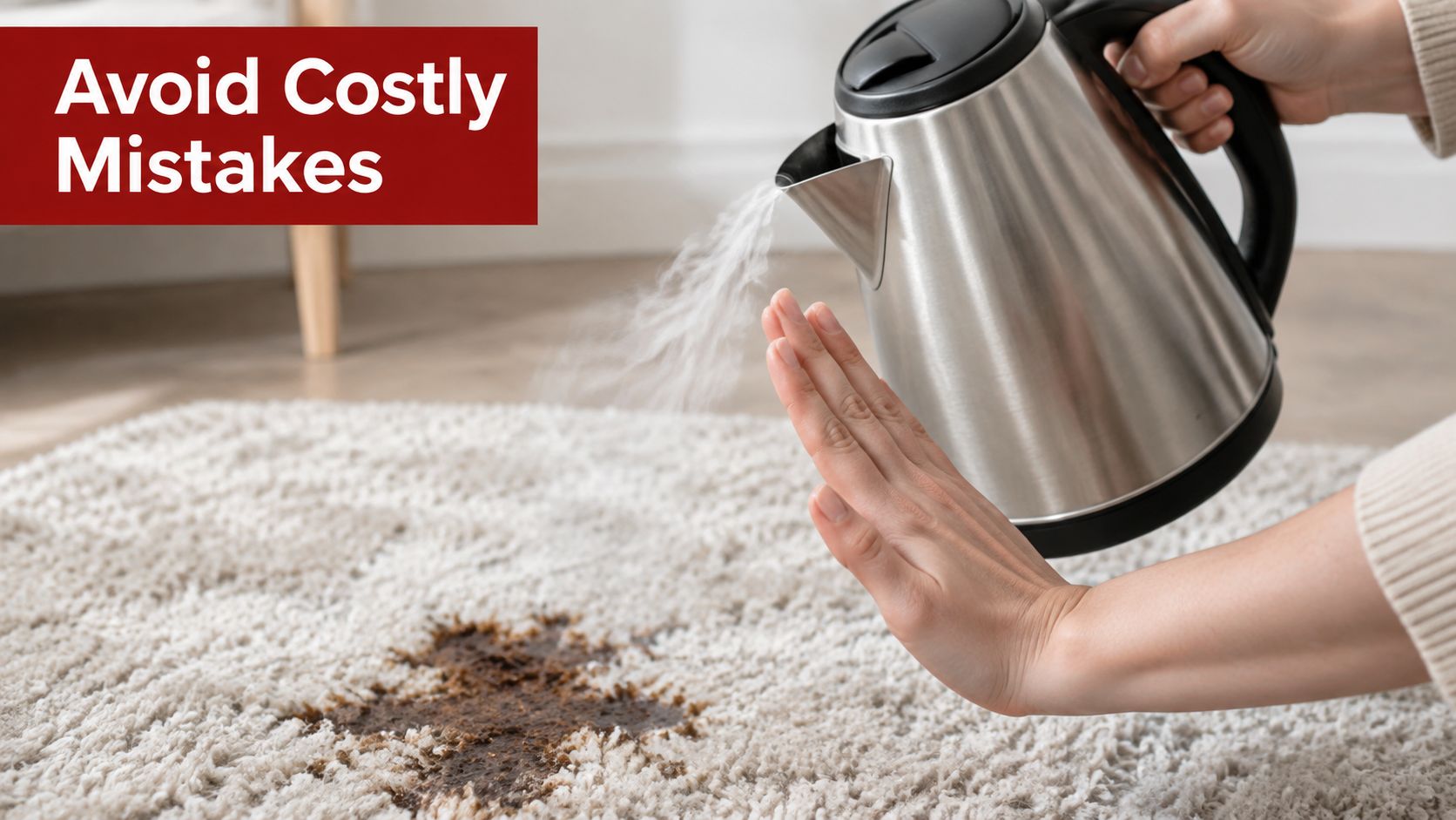 A person gesturing to stop using hot steam from a kettle to clean a chocolate stain.