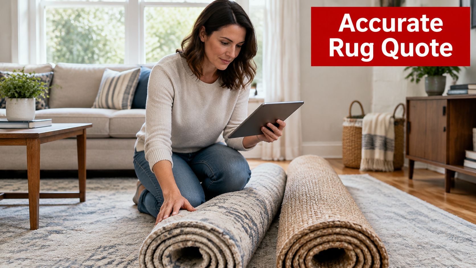 A woman kneeling on a living room floor while checking an online carpet cleaning quote on tablet