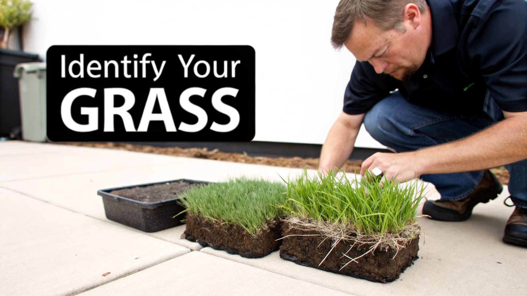 A man kneels, examining different grass samples with visible roots on a sidewalk next to an "Identify Your GRASS" sign.