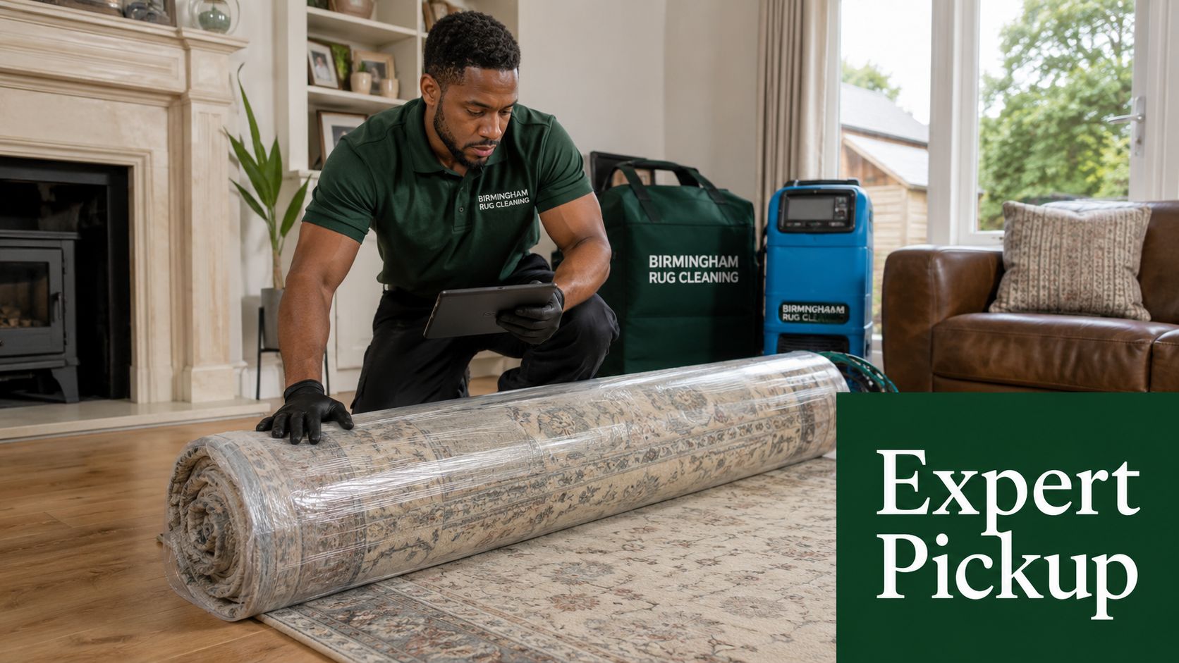 A professional rug cleaner from Birmingham Rug Cleaning inspecting a wrapped area rug in a living room.