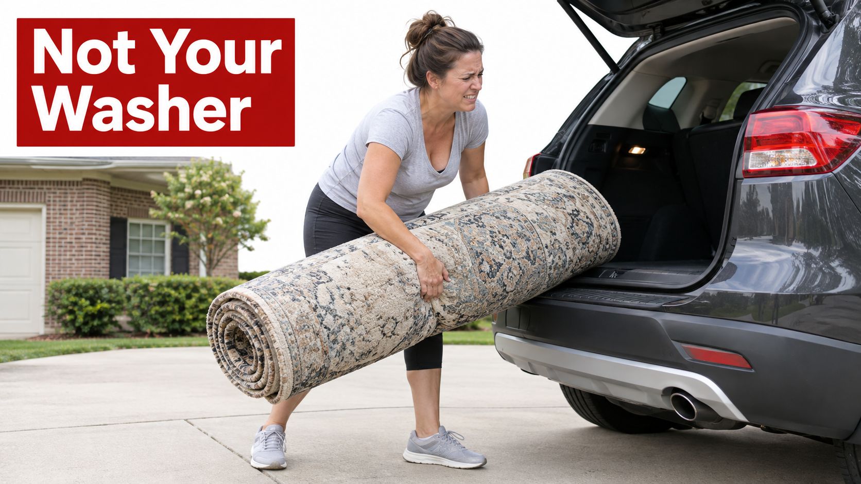 A woman struggles to lift a heavy rolled up rug into the back of her SUV vehicle.