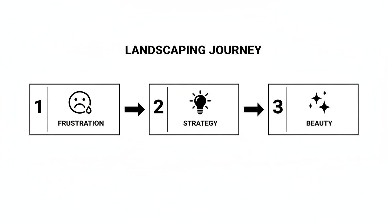 A three-step landscaping journey showing frustration, strategy, and resulting beauty with icons and labels.