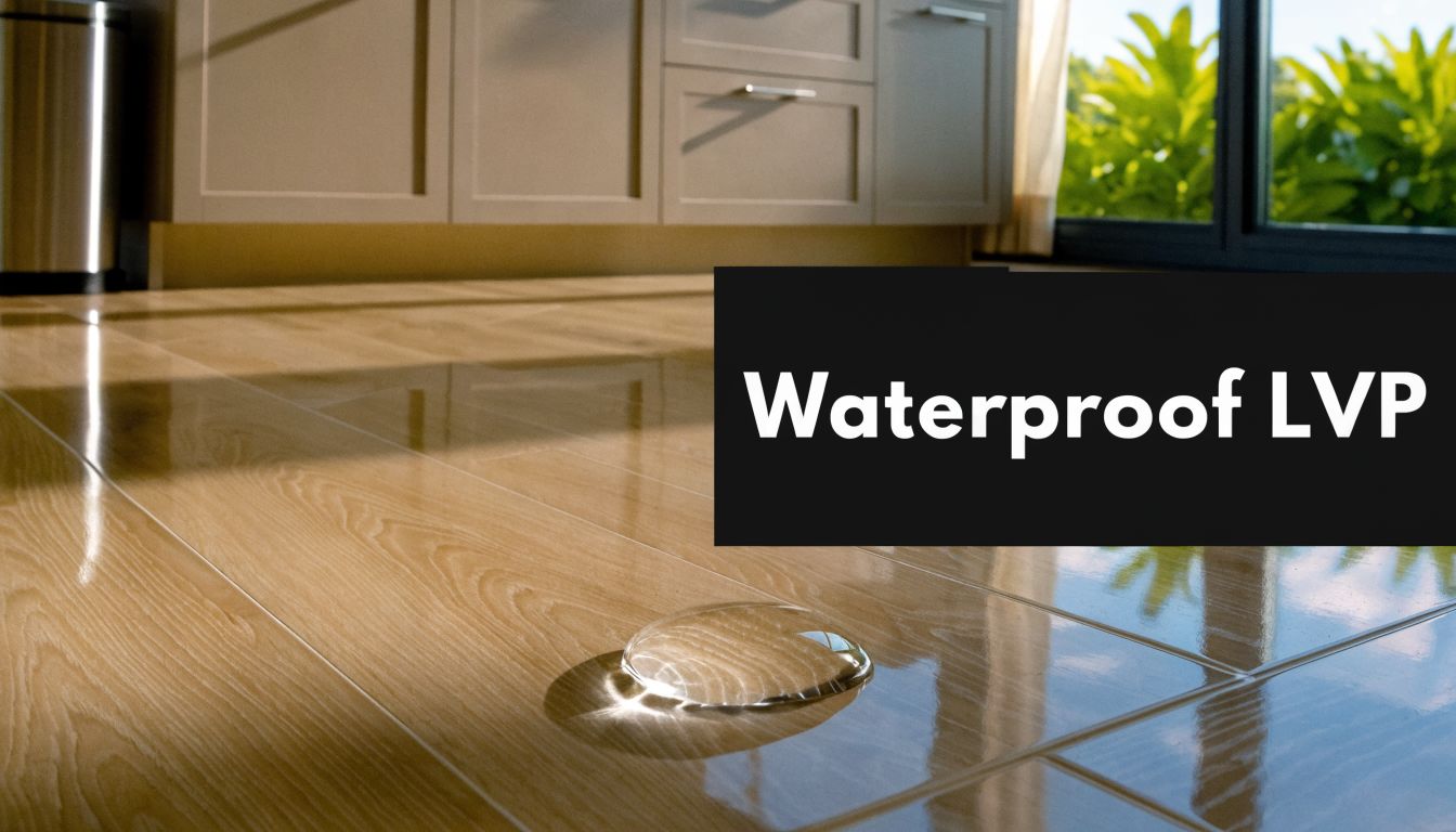 A close-up view of a single water droplet resting on waterproof luxury vinyl plank flooring.