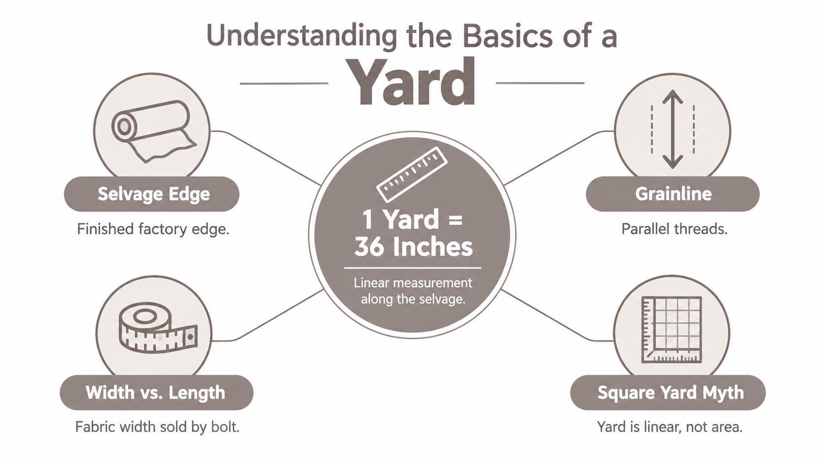 An infographic explaining that one yard of fabric equals thirty-six inches, measured linearly along the selvage edge.