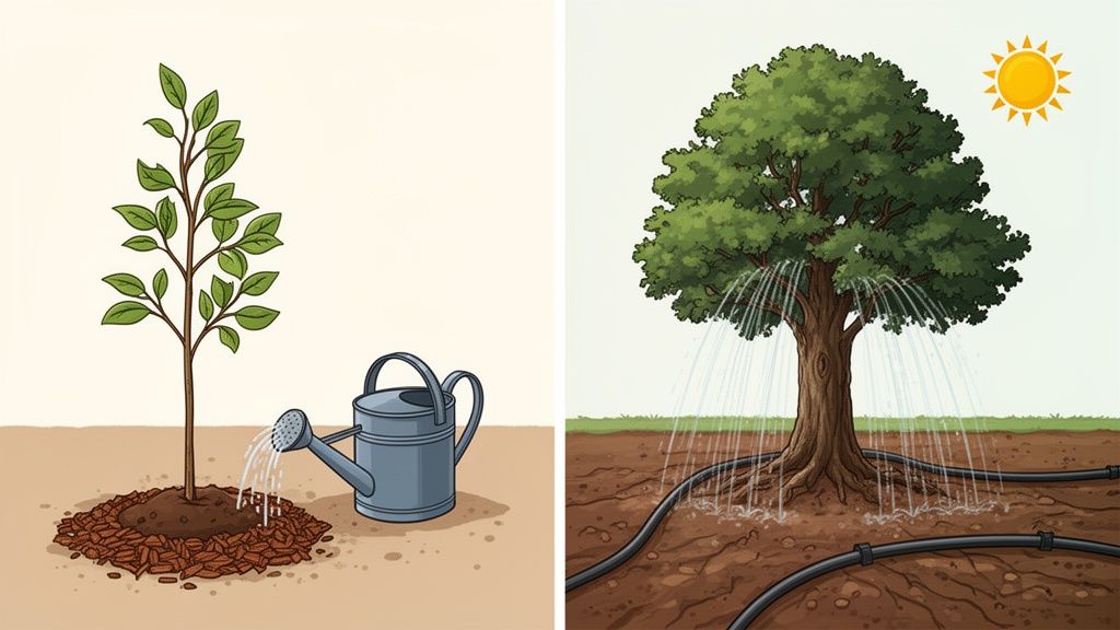 Illustrations depicting proper tree watering techniques: a young sapling with a can and a large tree with irrigation.