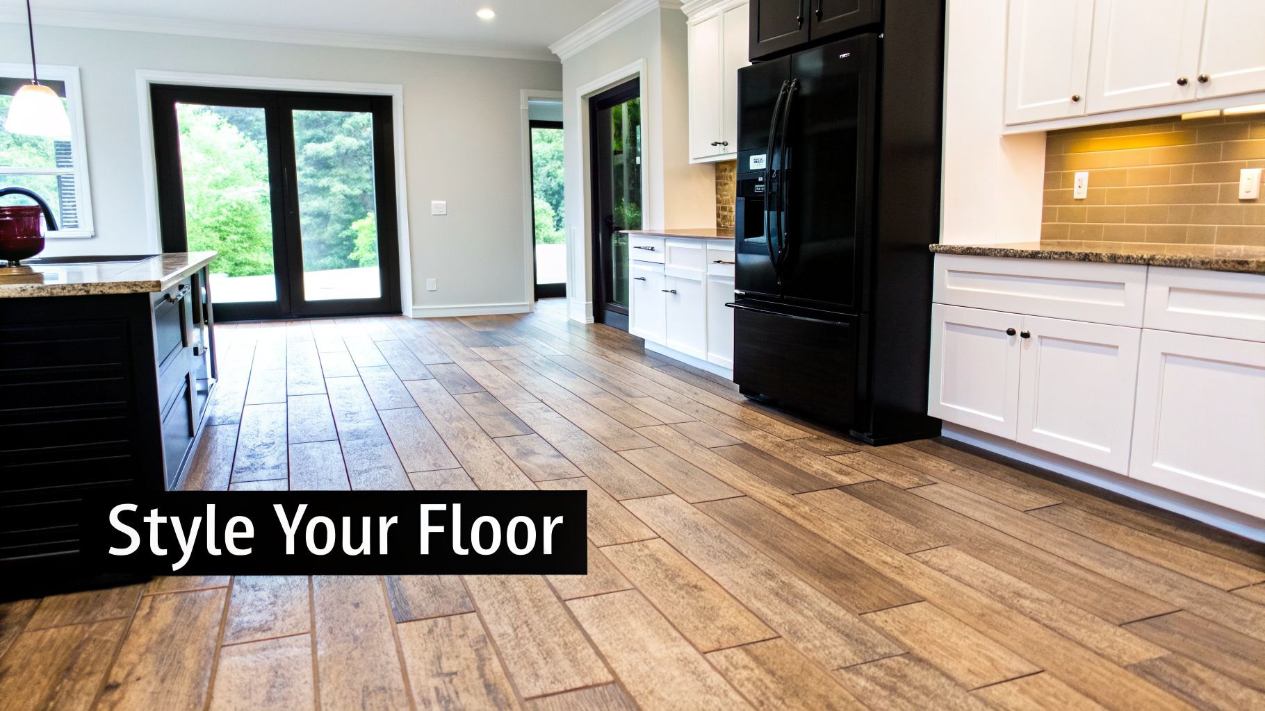 Spacious contemporary kitchen with wood-look floor tiles, white cabinets, black refrigerator, and island.