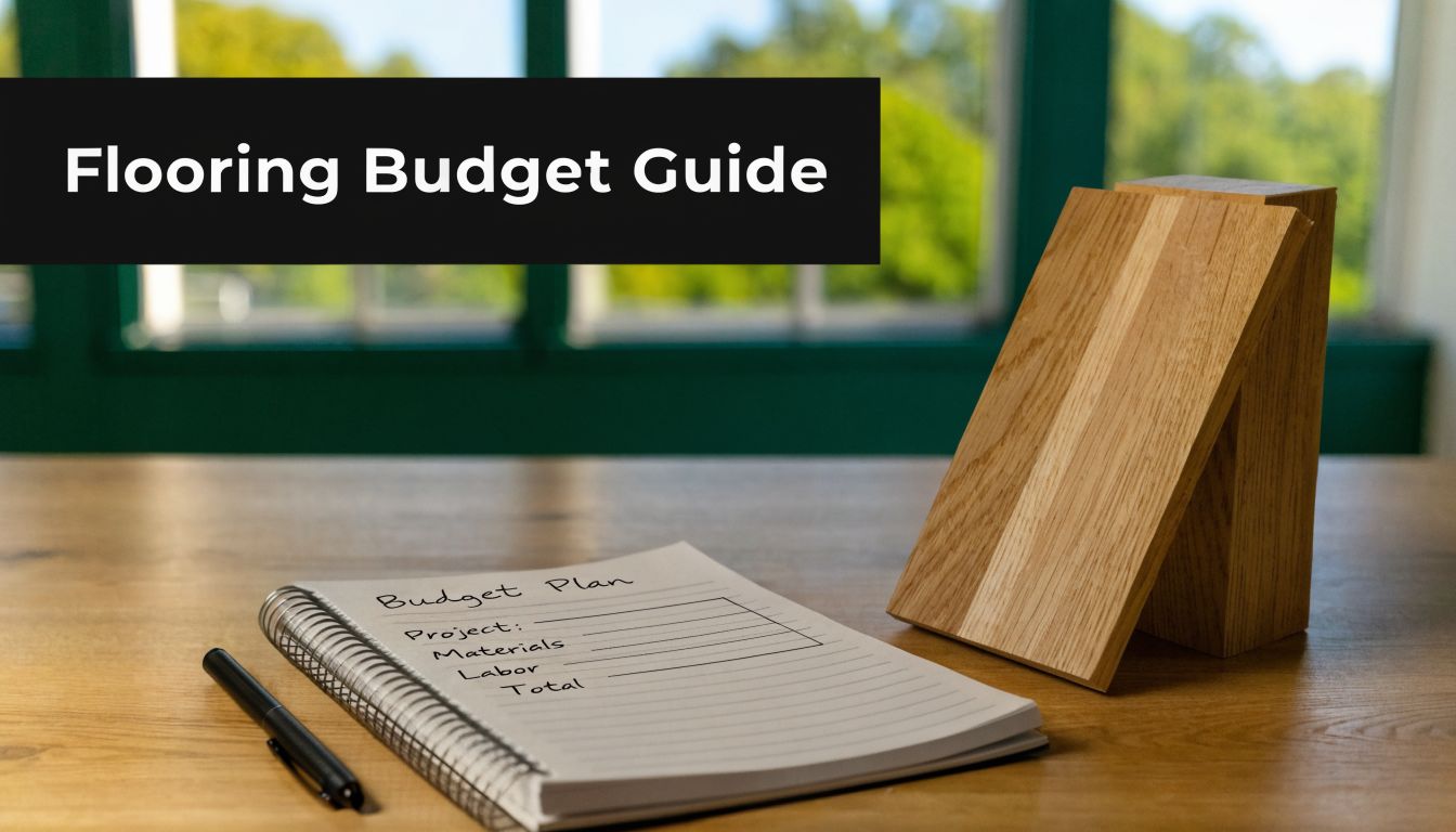 A flooring budget planner notebook sits on a wooden desk next to oak flooring samples.