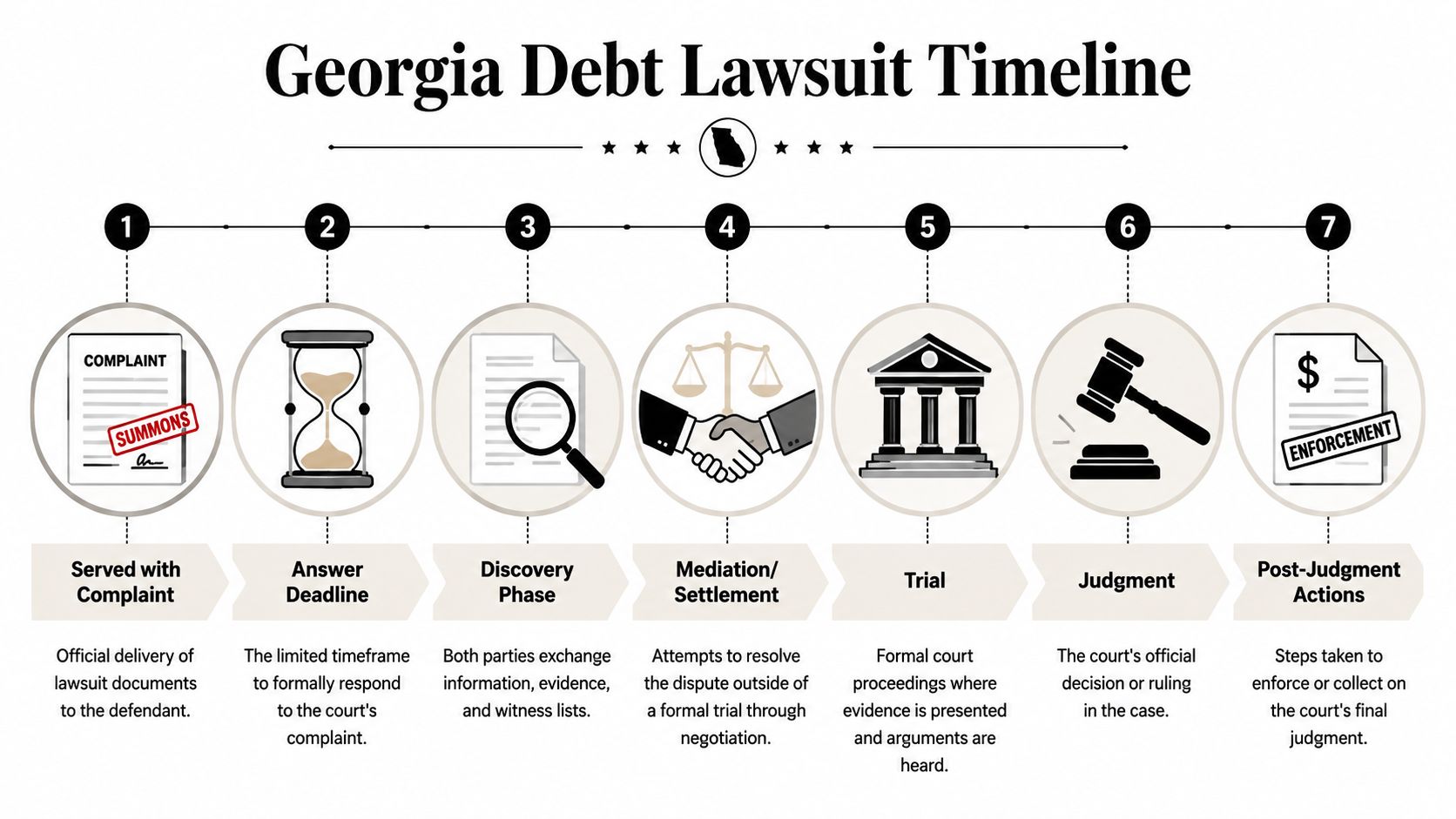 A visual timeline detailing the seven stages of a Georgia debt collection lawsuit from complaint to enforcement.