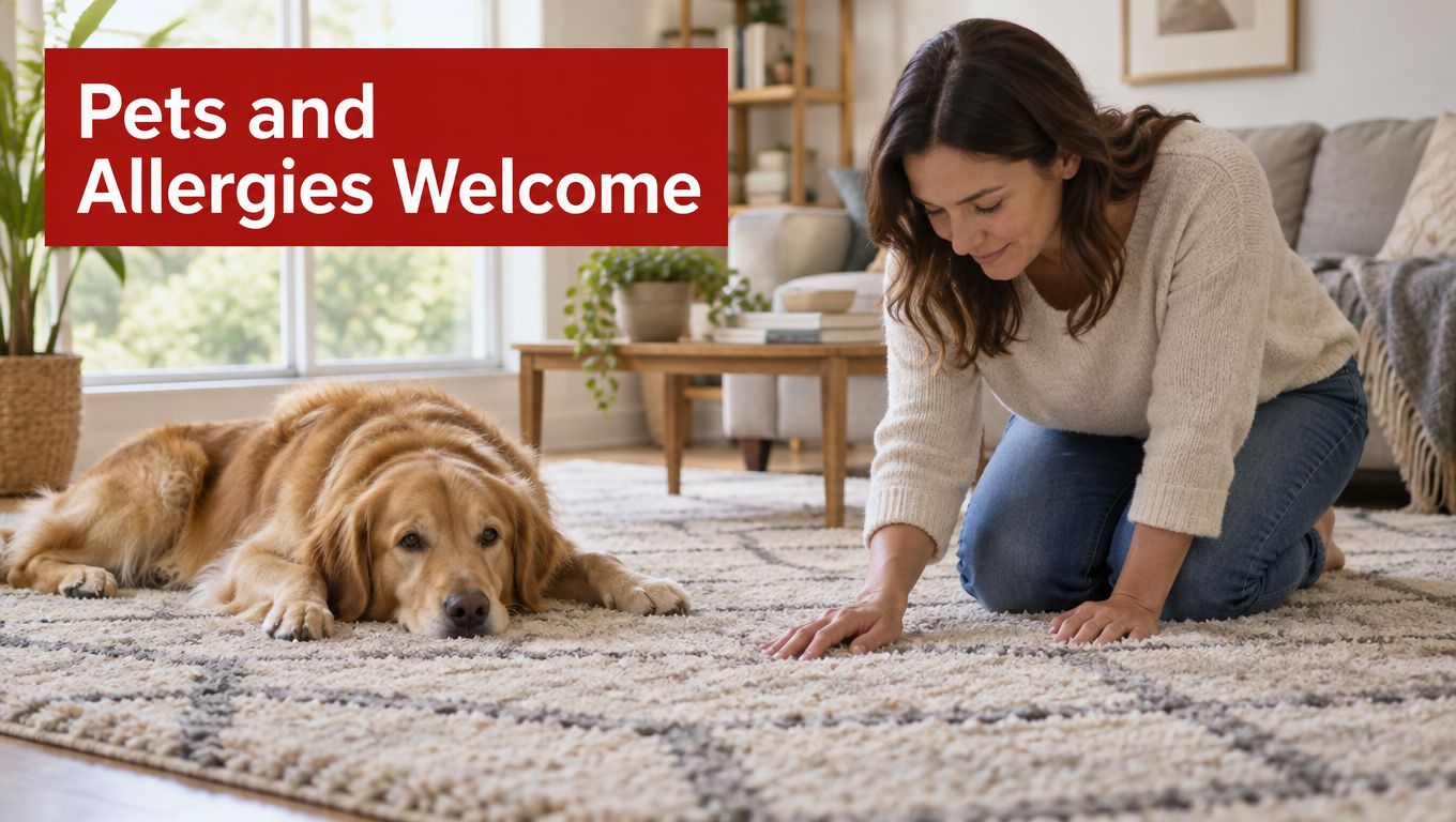 A woman kneeling on a rug next to a golden retriever in a pet-friendly living room.
