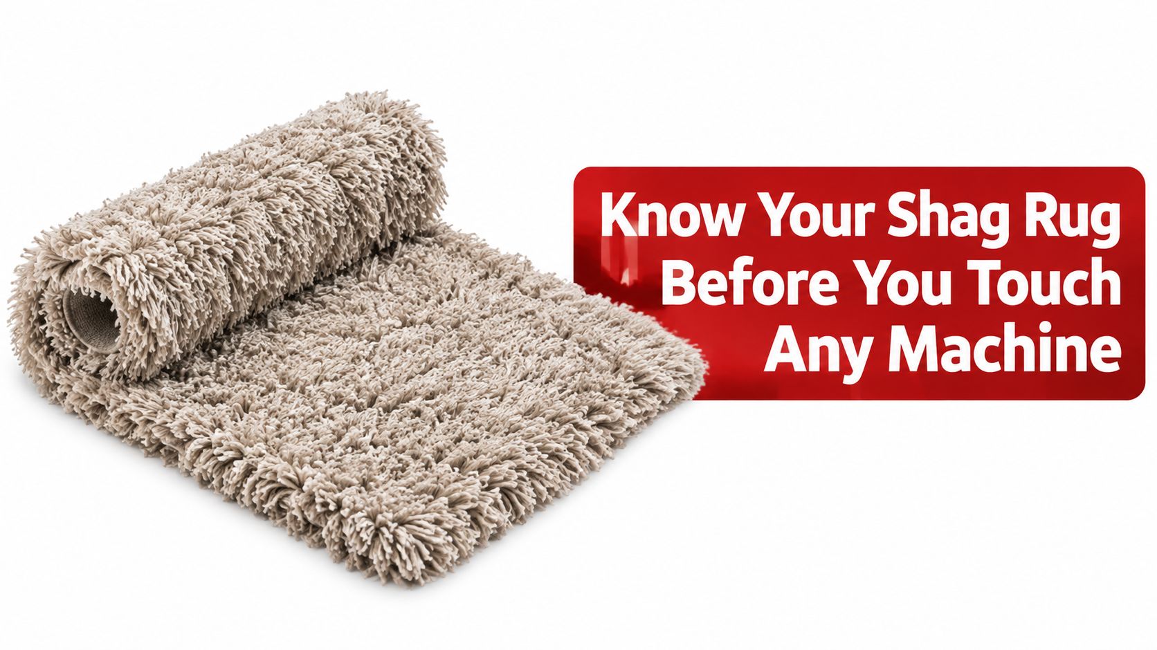 A beige shag rug partially rolled up next to a red sign with text about cleaning rugs.