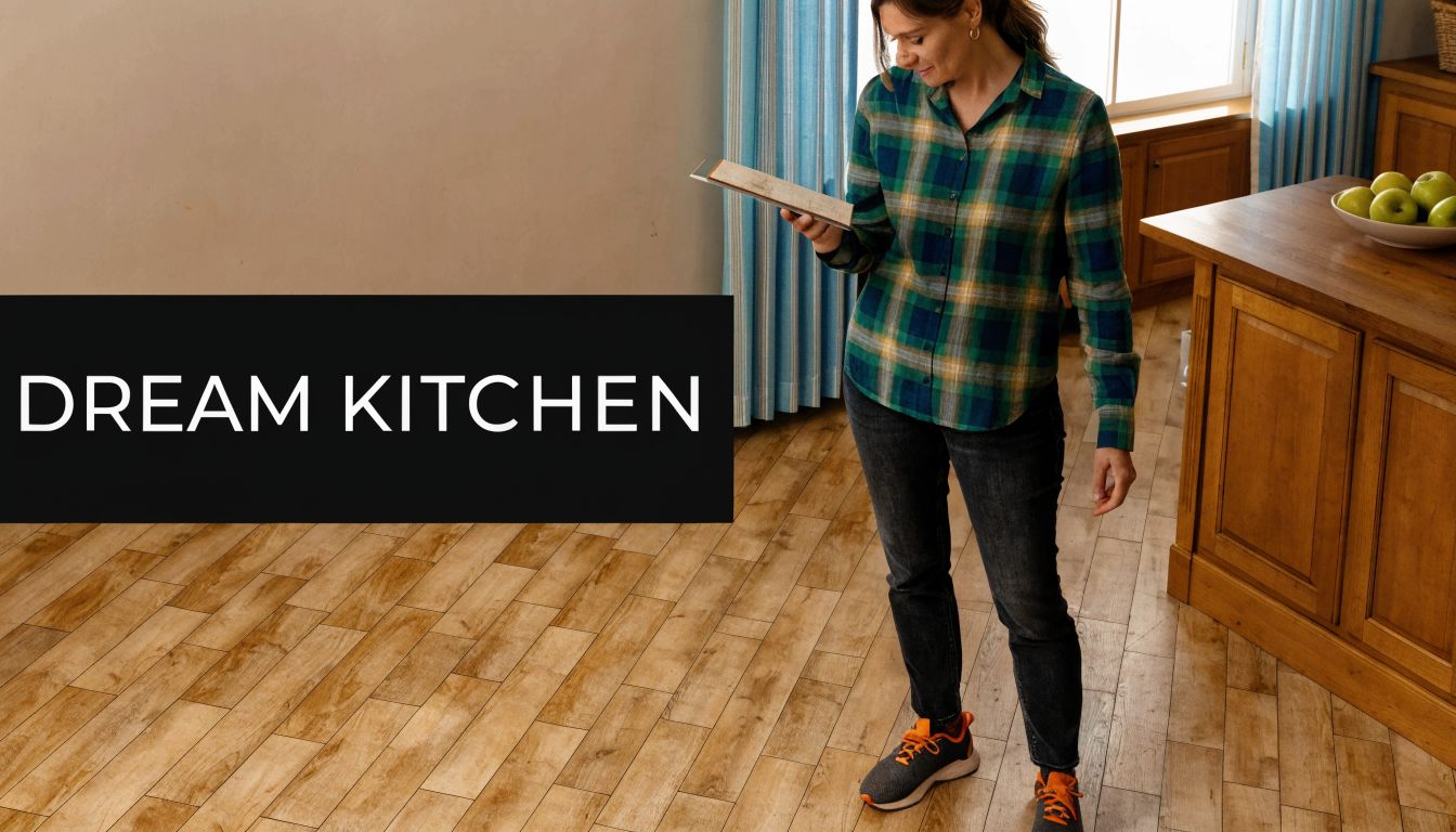 A woman holding a flooring sample in a kitchen with durable wood-look tiles installed on the floor.