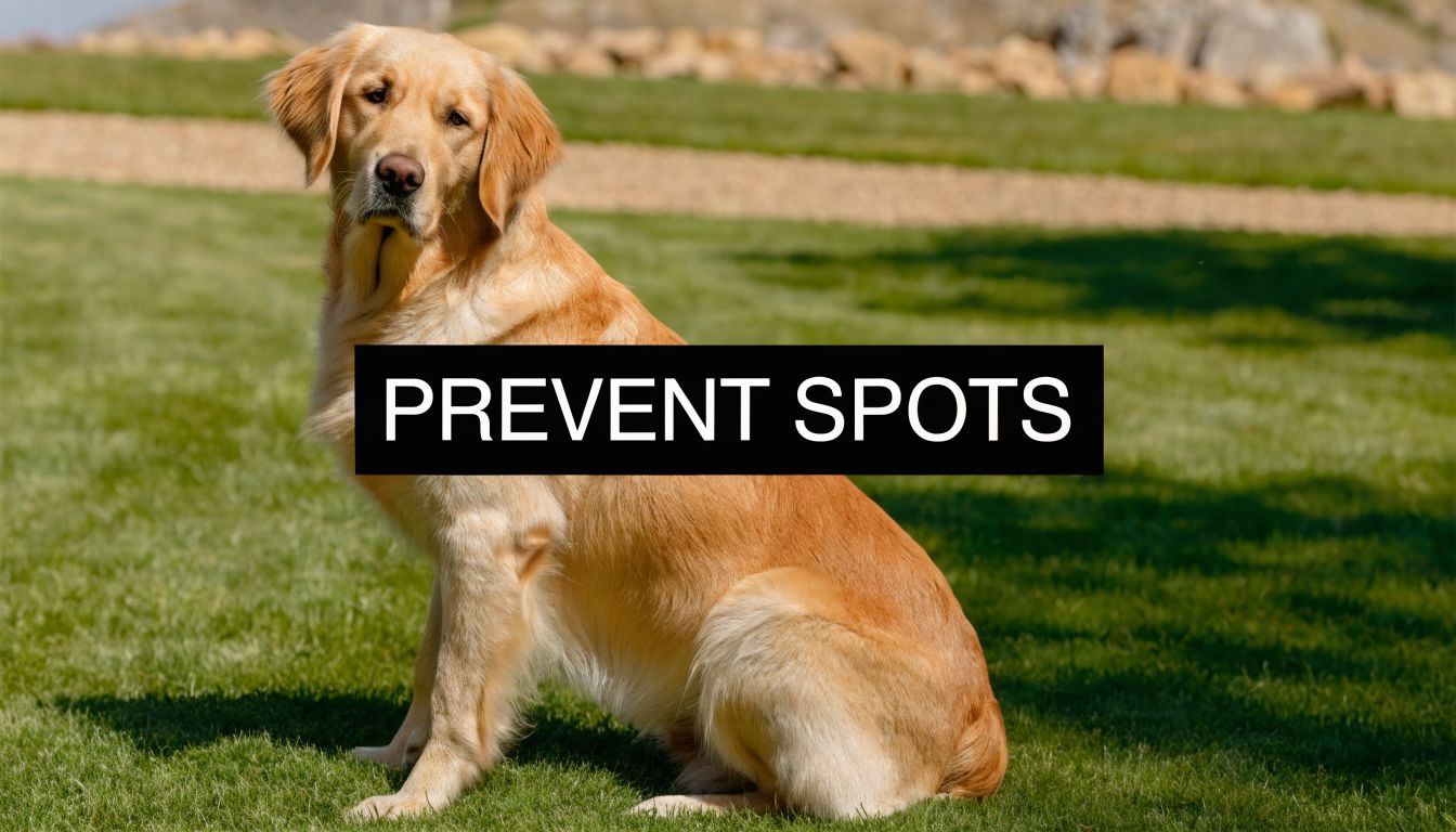 A golden retriever sitting on a green lawn, looking toward the camera in a sunny outdoor setting.