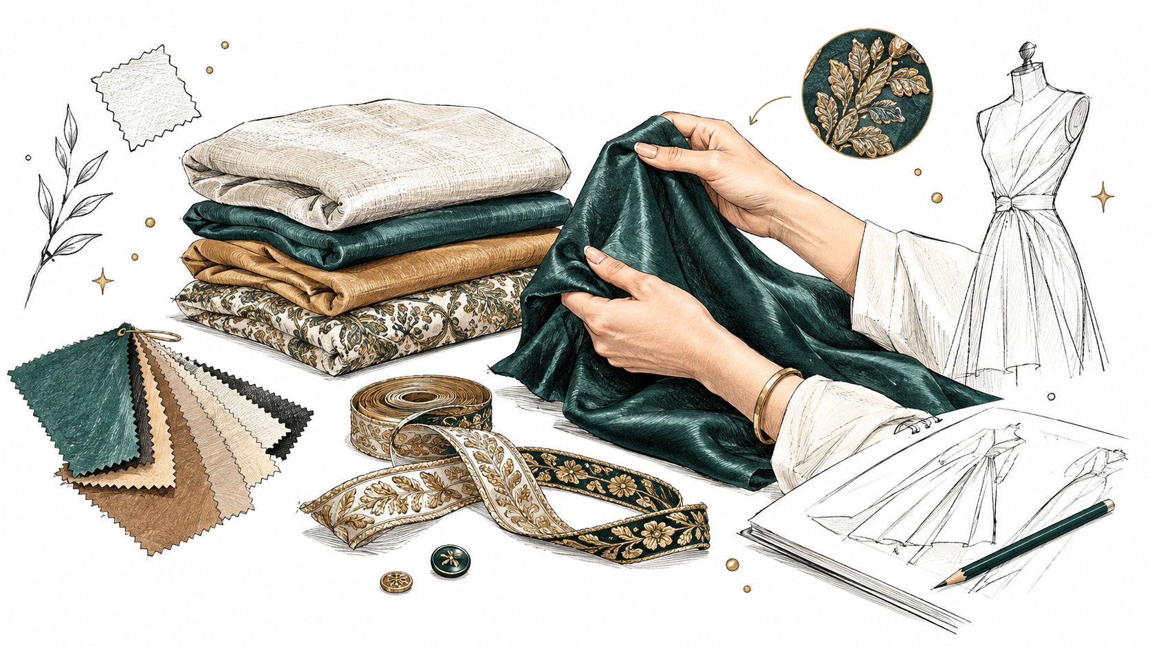A fashion designer working with dark green fabric, fabric swatches, sketches, and decorative ribbons for garment creation.