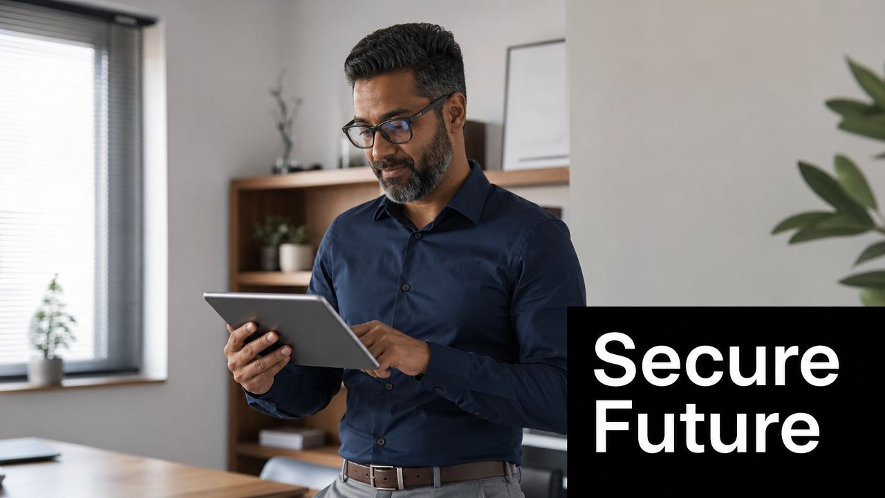 A professional man with a beard and glasses using a tablet while working in an office.