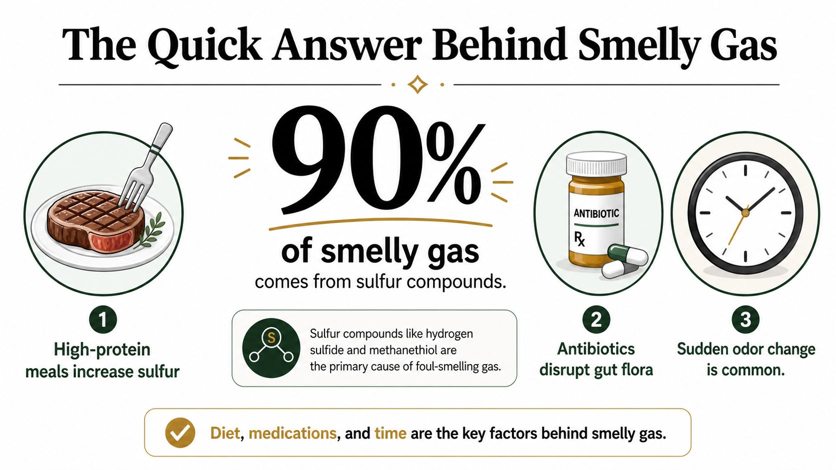 An infographic titled The Quick Answer Behind Smelly Gas explaining that sulfur causes 90% of gas odors.
