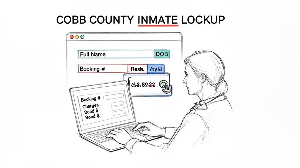 A person searches for inmate information on a laptop, displaying Cobb County lockup details and bond.