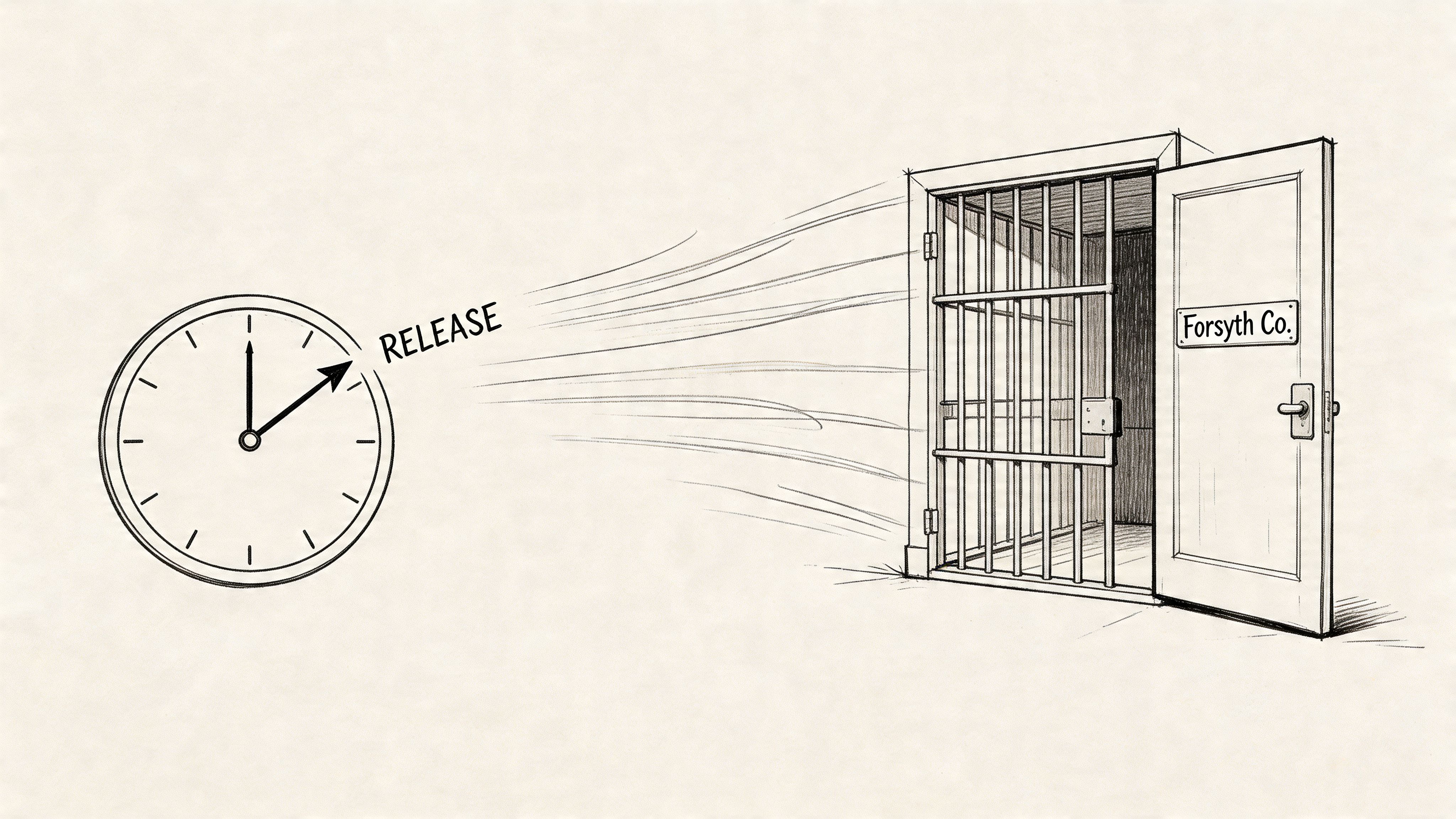 A pencil sketch of a clock moving towards an open jail cell door labeled Forsyth Co.