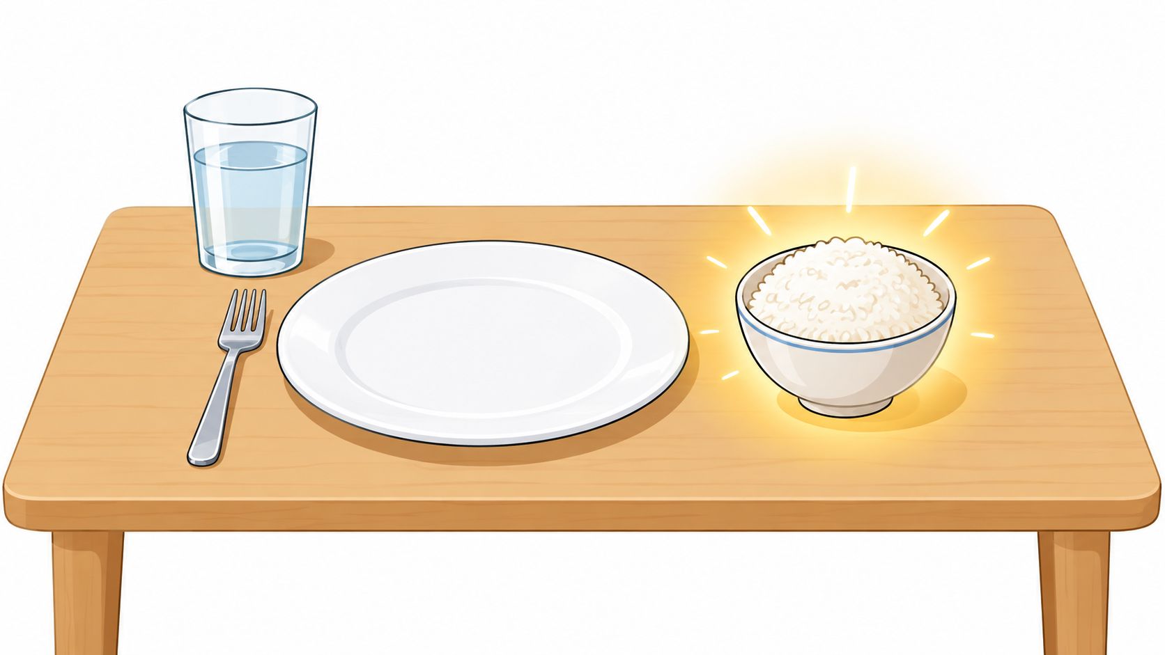 A simple meal of a bowl of white rice on a wooden table with a glass of water.