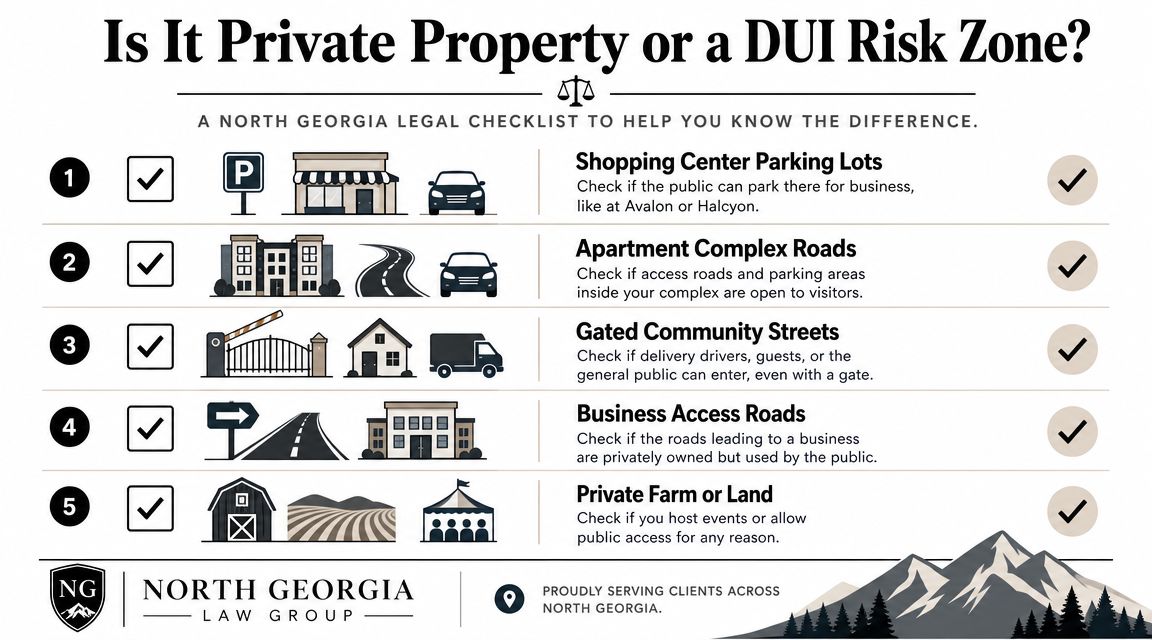 An infographic titled Is It Private Property or a DUI Risk Zone illustrating locations where DUIs apply.
