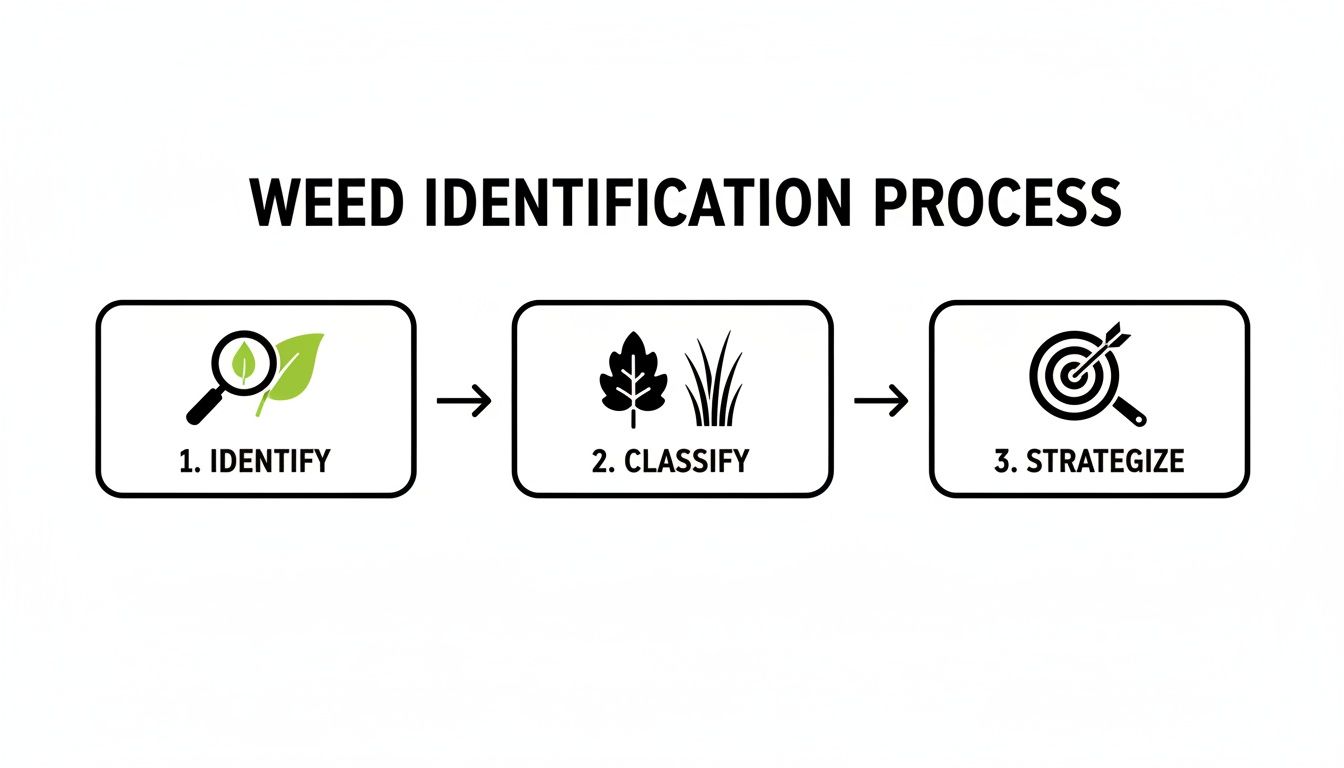 Flowchart illustrating the three-step weed identification process: identify, classify, and strategize.