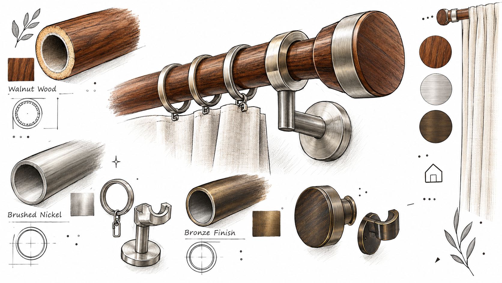 A detailed technical drawing displaying various styles and finishes of custom drapery hardware, including wood and metal rods.