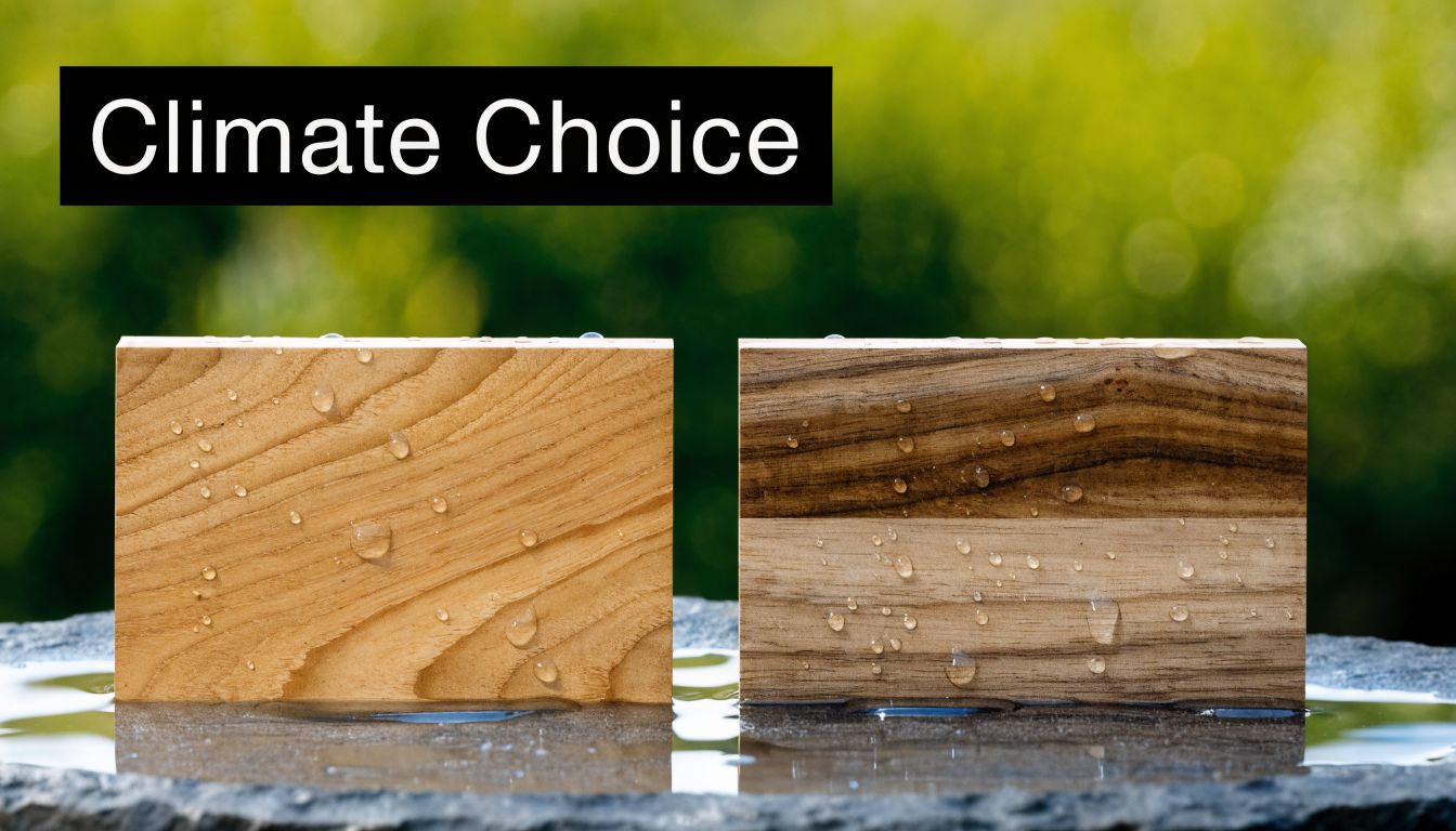 Two pieces of rectangular hardwood planks with water droplets resting in a shallow pool of water.