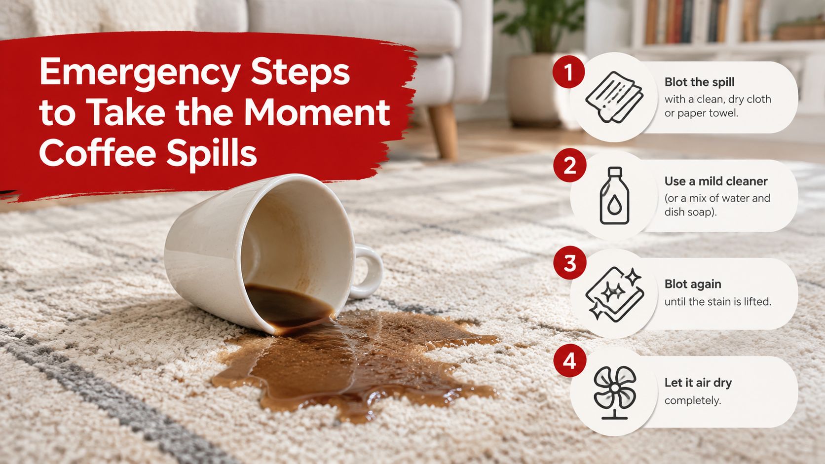 A spilled coffee mug on a rug with a four-step guide on how to clean carpet stains.