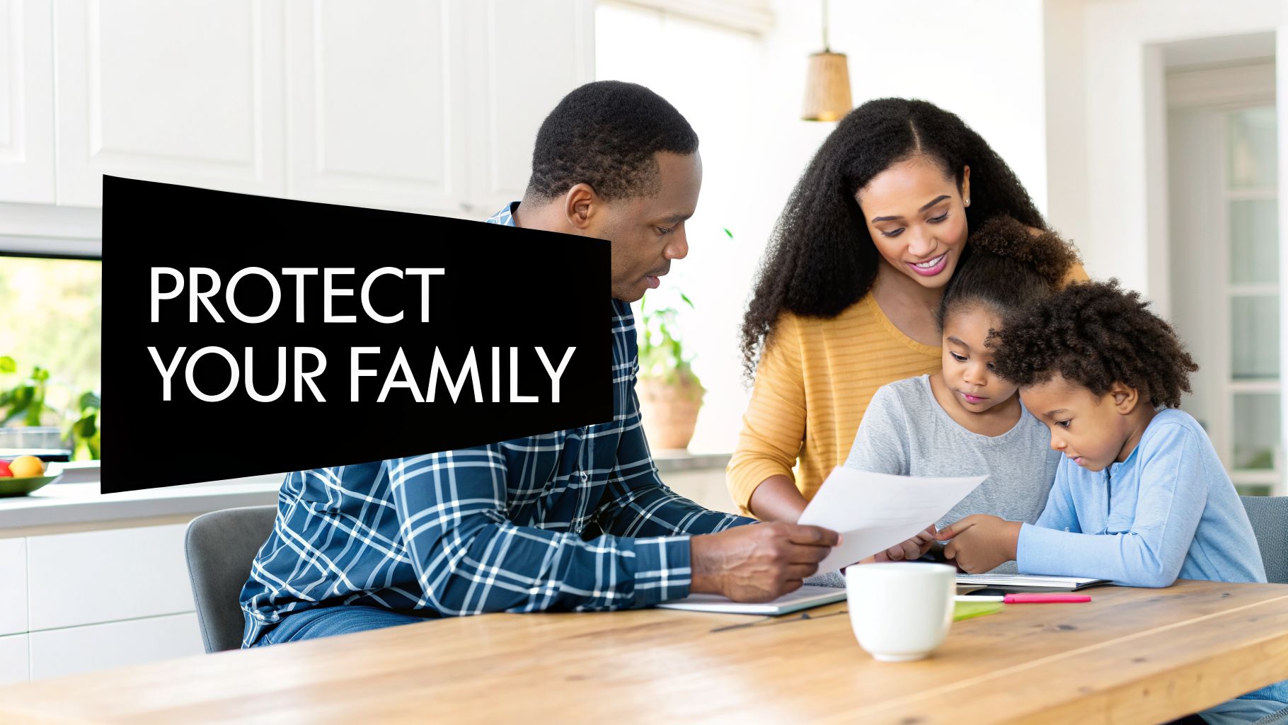 A Black family at home, parents reviewing documents with their two young children, text says PROTECT YOUR FAMILY.
