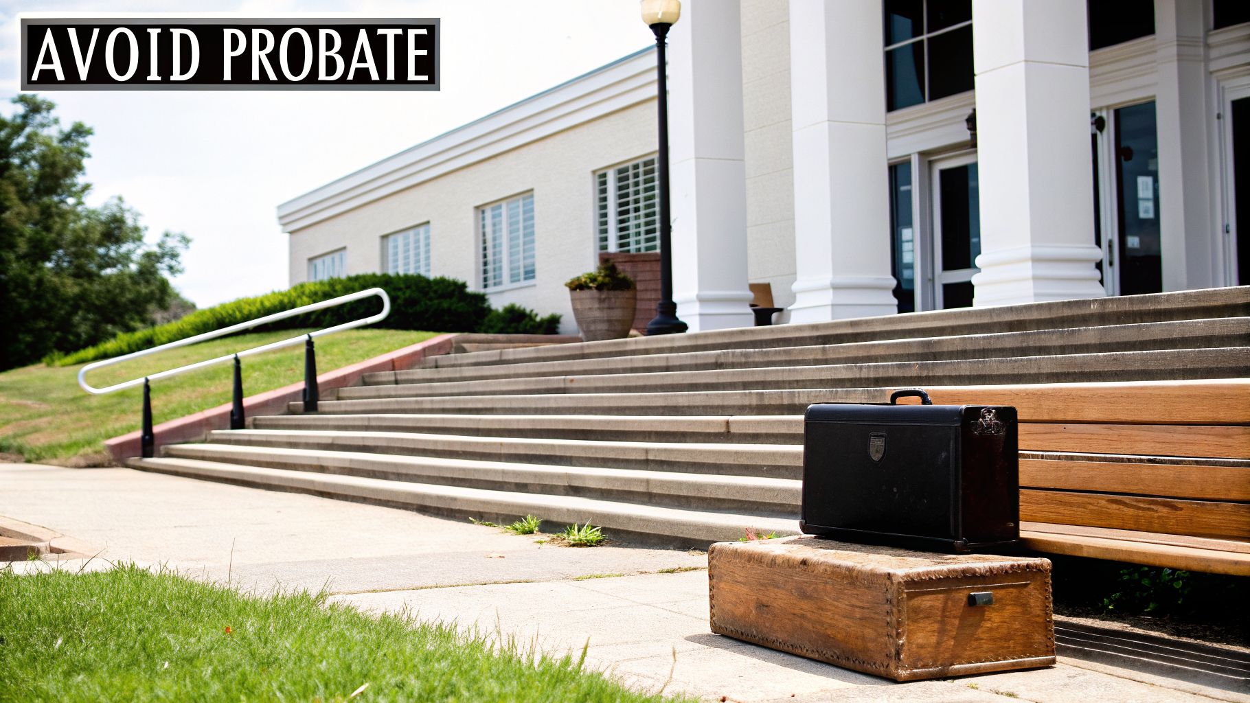 A courthouse building with steps, a bench, two suitcases, and the text 'AVOID PROBATE'.