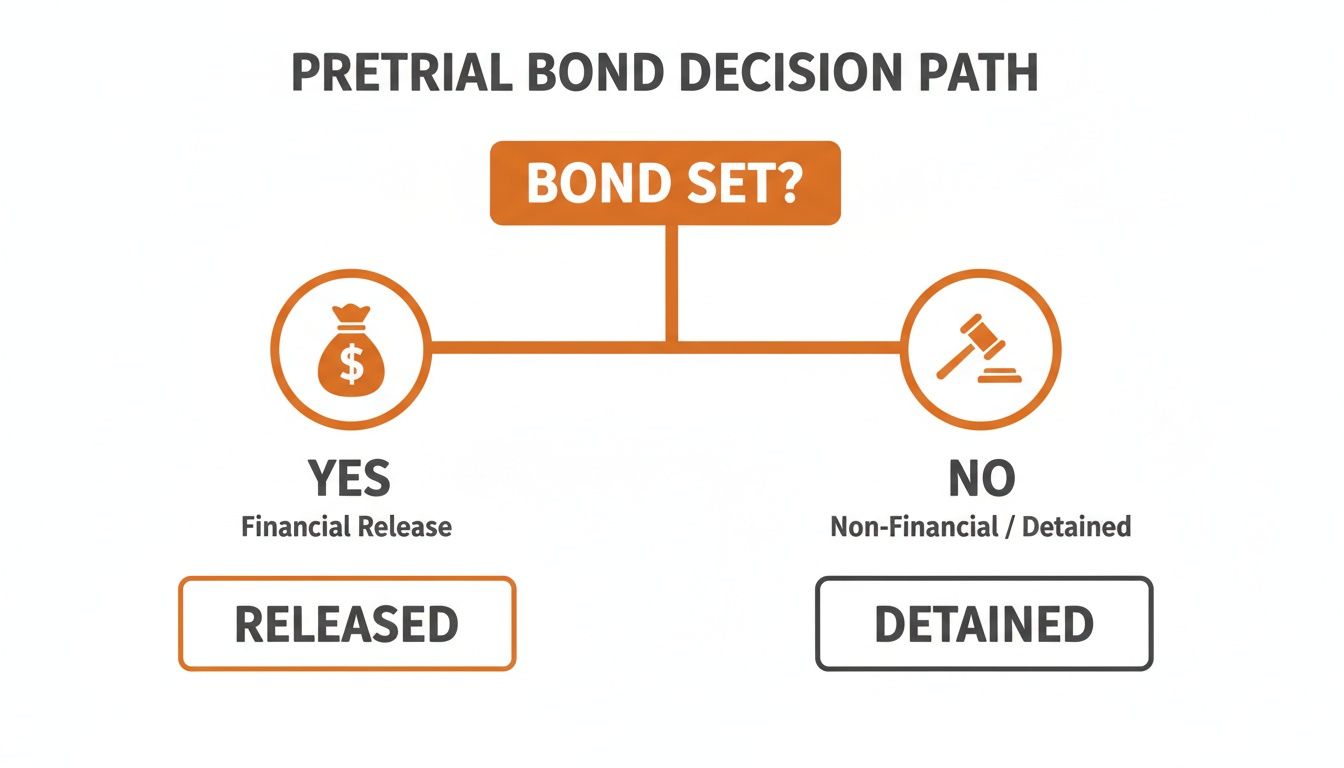 Flowchart showing the pretrial bond decision path, leading to release with bond or detention without.