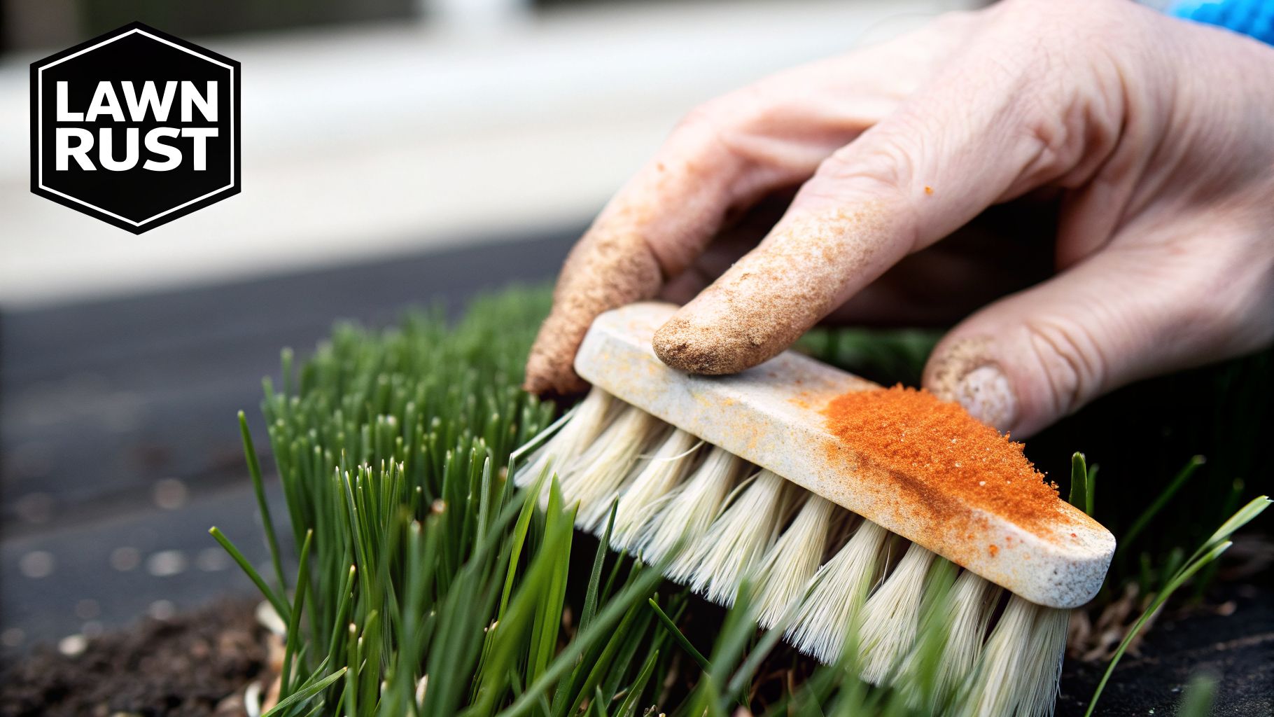 A hand brushes orange rust fungus from green grass, with a 'LAWN RUST' logo.
