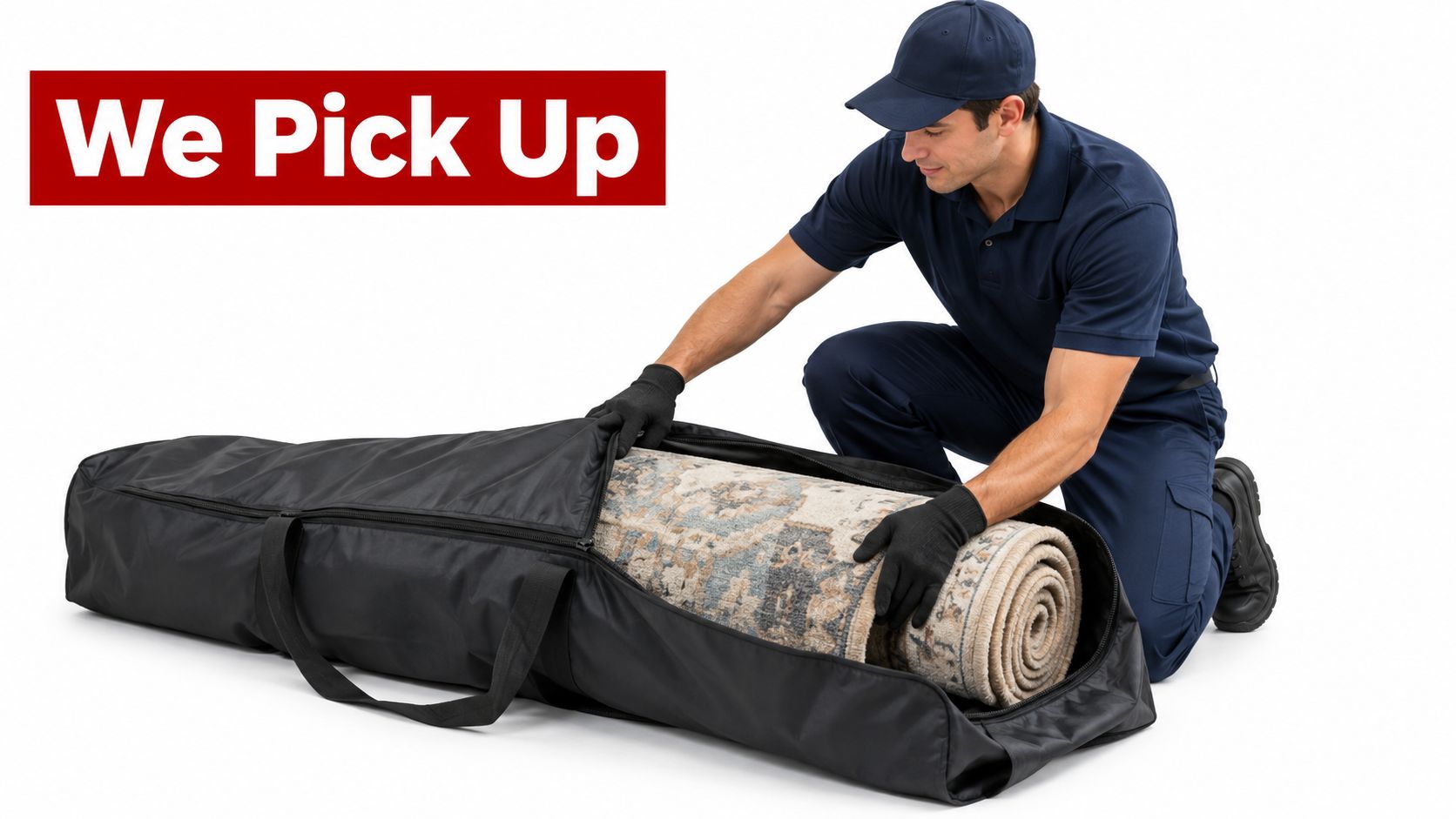 A professional service worker in uniform packing a rolled carpet into a protective storage bag.