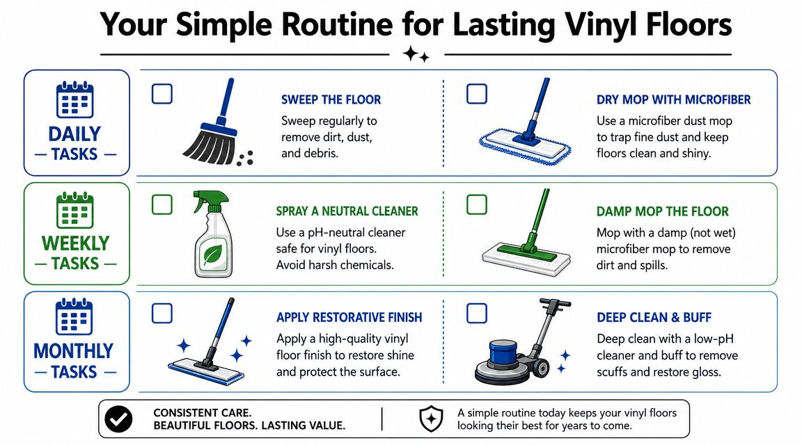 An infographic detailing a daily, weekly, and monthly cleaning routine for maintaining and protecting vinyl floors.