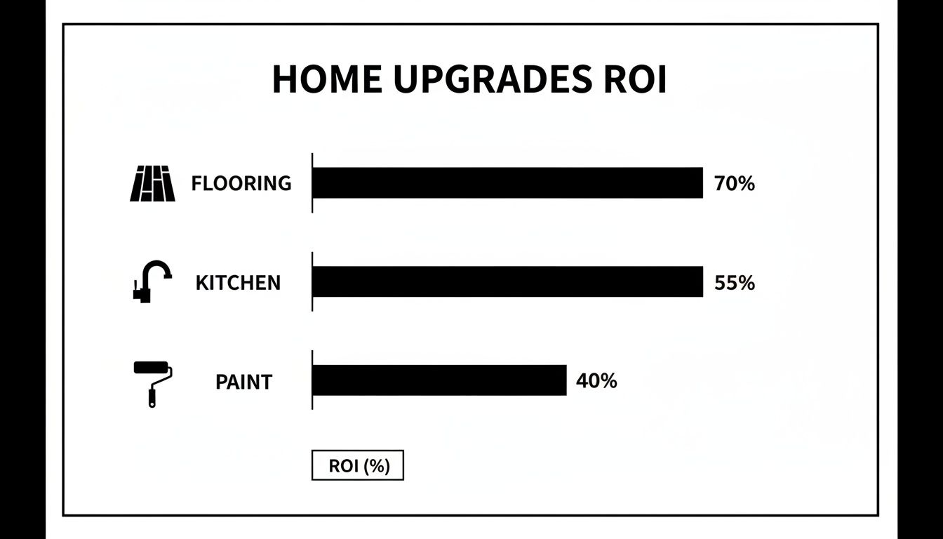 Bar chart illustrating Home Upgrades ROI, showing Flooring at 70%, Kitchen at 55%, and Paint at 40%.