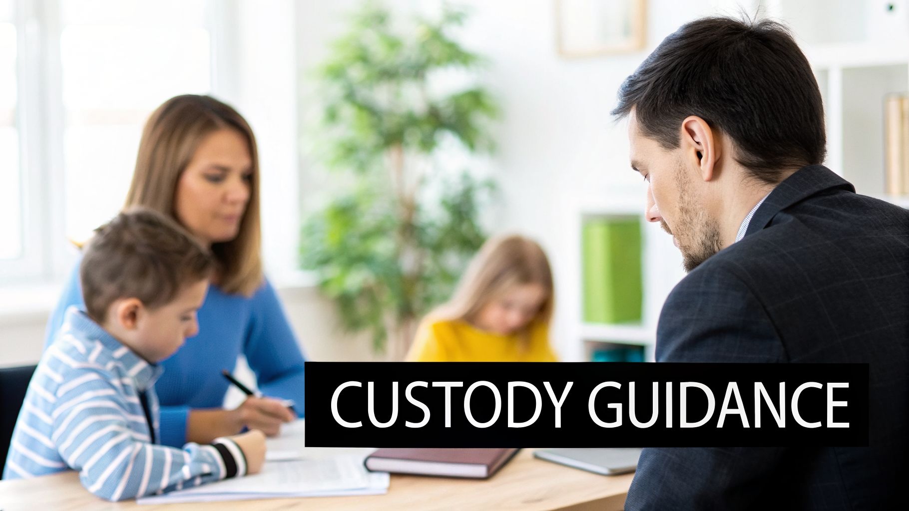 A mother and her children consult with a lawyer about child custody guidance.