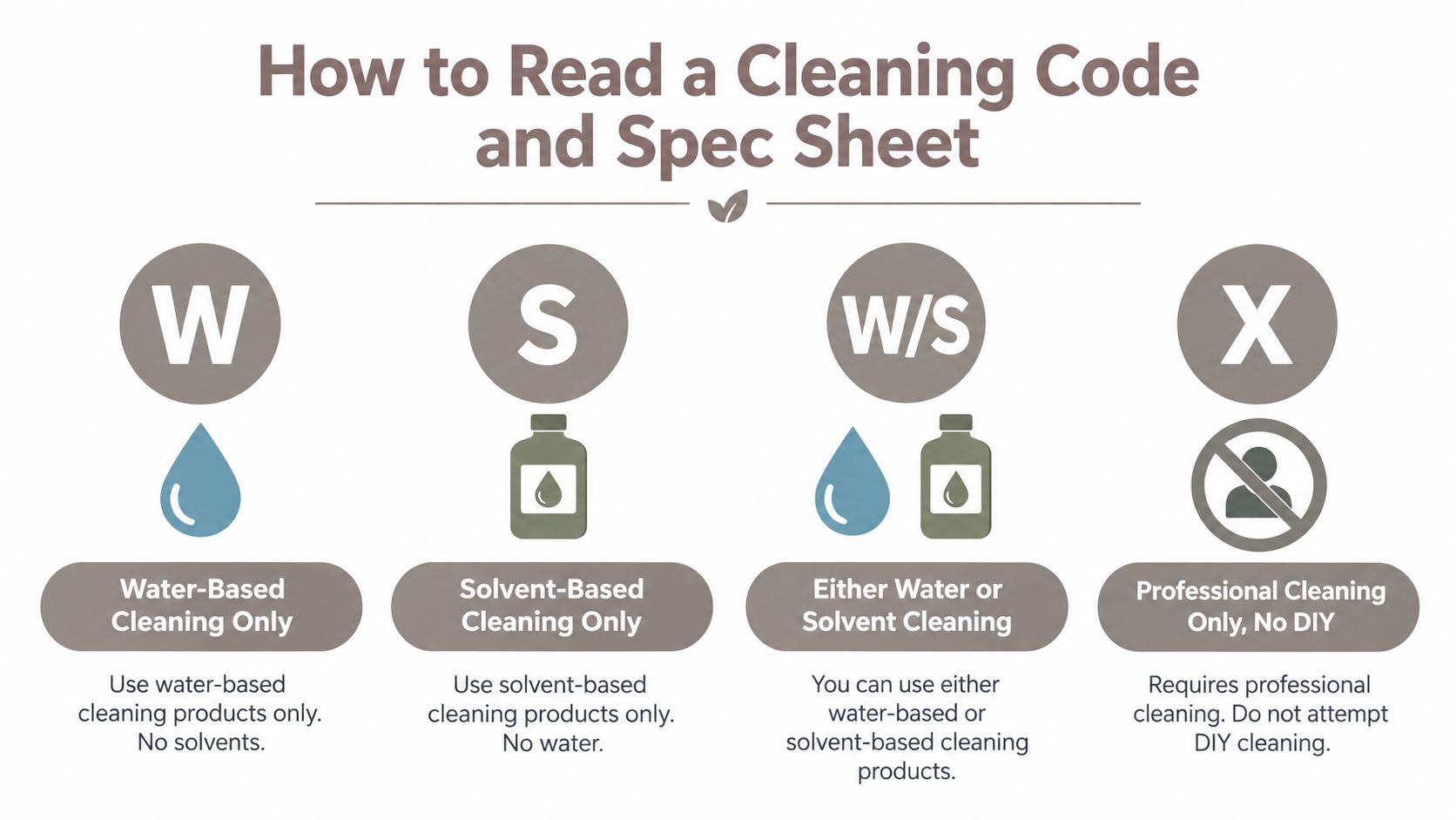 An infographic explaining furniture upholstery cleaning codes including W, S, W/S, and X symbols.