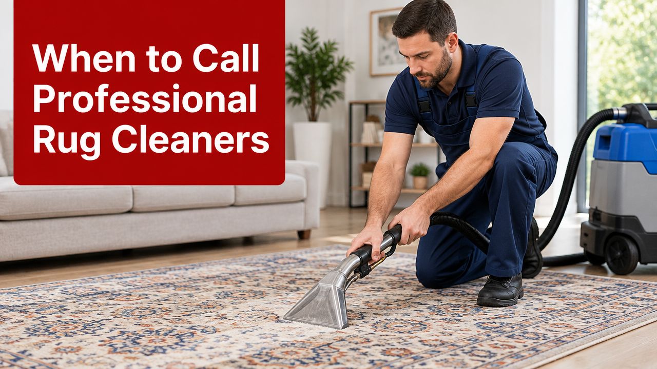 A professional rug cleaner using a commercial steam cleaning machine on a patterned area rug at home.