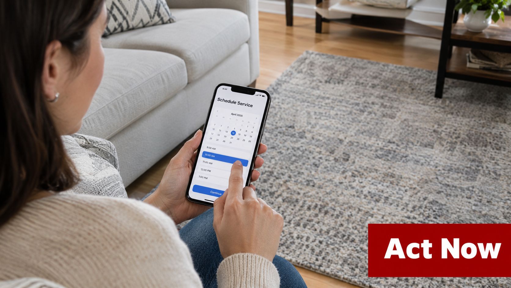 A woman using her smartphone to schedule a service appointment while sitting in her living room.
