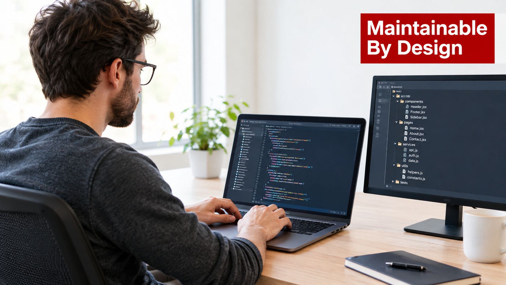A male software developer working at a desk on a laptop and external monitor with clean code.