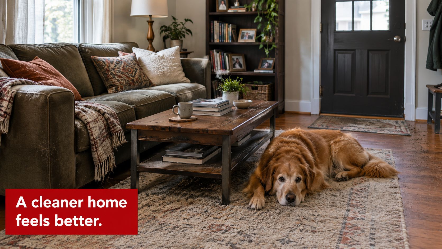 A golden retriever lies on a dirty rug in a living room with a couch and coffee table.