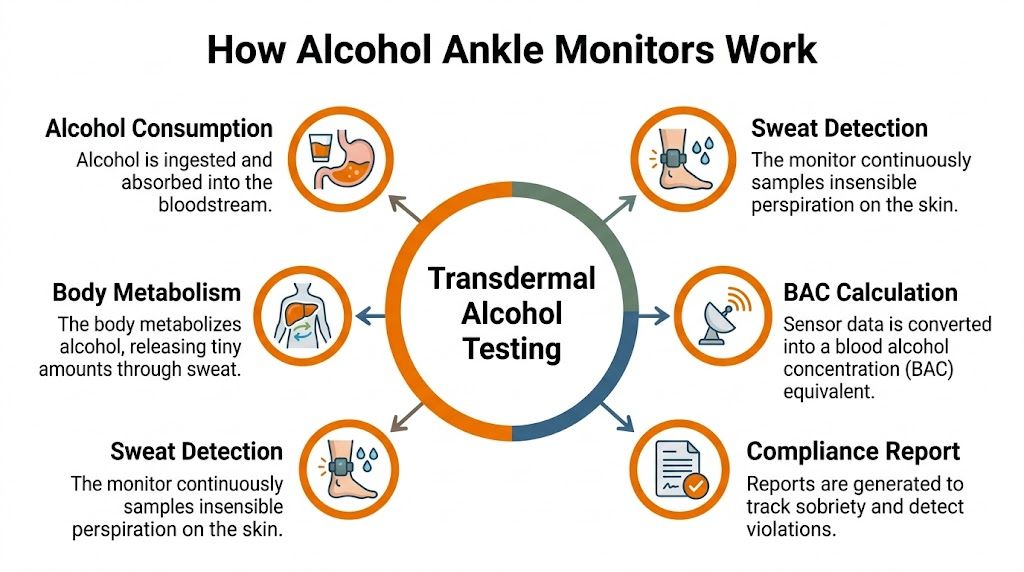 An infographic illustrating how transdermal alcohol ankle monitors track sobriety through sweat analysis and data reporting.