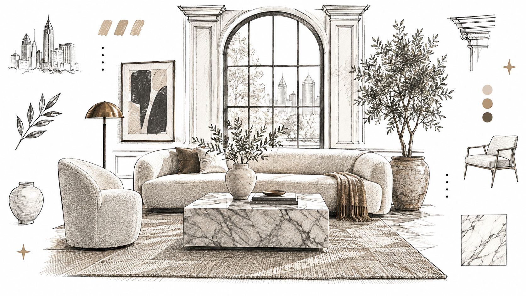 A sophisticated architectural sketch of a modern living room featuring neutral tones, marble furniture, and city skyline views.