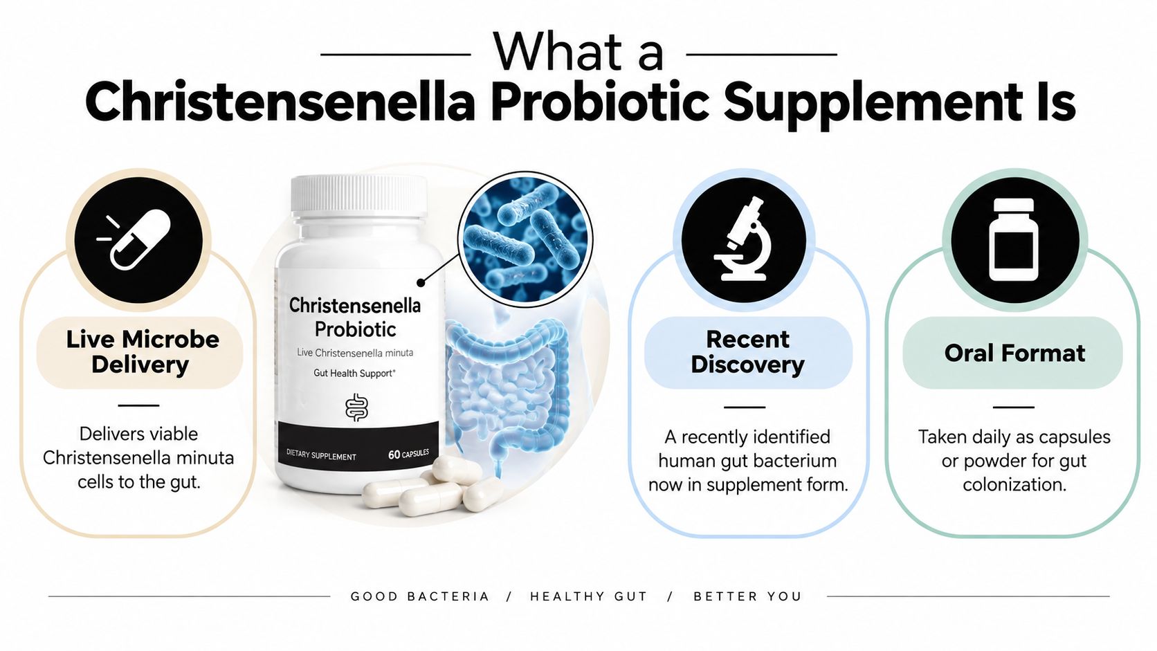 An infographic explaining Christensenella probiotic supplements, focusing on microbe delivery, recent scientific discovery, and oral consumption.
